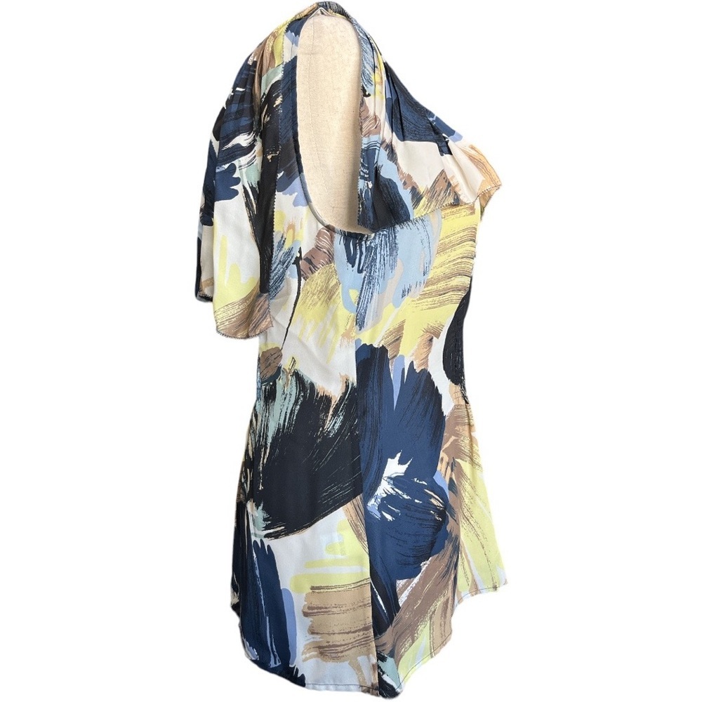 BCBG MaxAzria SILK Flounce Ruffle Brushstroke Blouse Top Shirt Pleated Smocked S - Picture 2 of 6